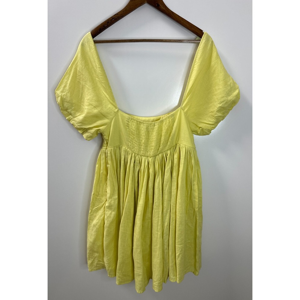 Mable Butter Yellow Linen Blend Puff Sleeve Mini Dress Large Babydoll Coquette - Picture 6 of 16